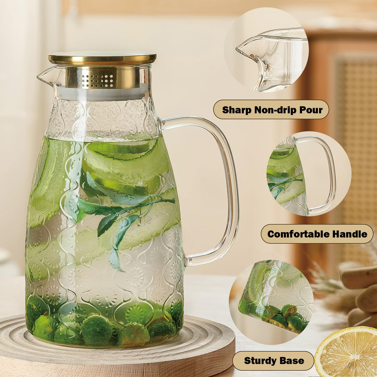 Glass Pitcher with Lid (Clear Flower Design / 2 L 2 Pack)