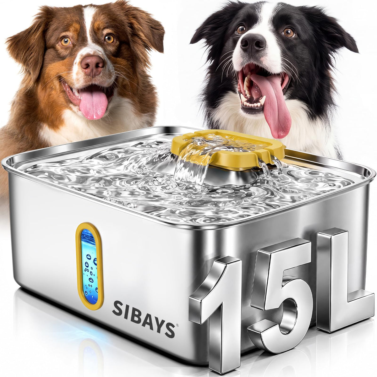 4Gal 15L Stainless Steel Large Dog Water Fountain (Silver-Yellow)