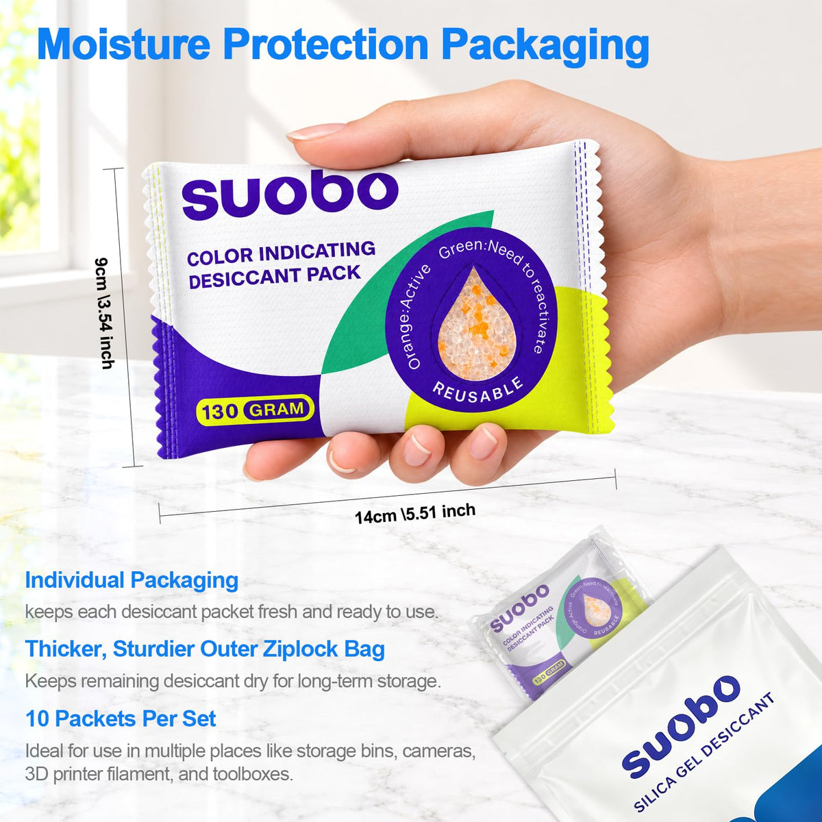 Reusable Color Indicating Desiccant Packs (130g(10-pack))