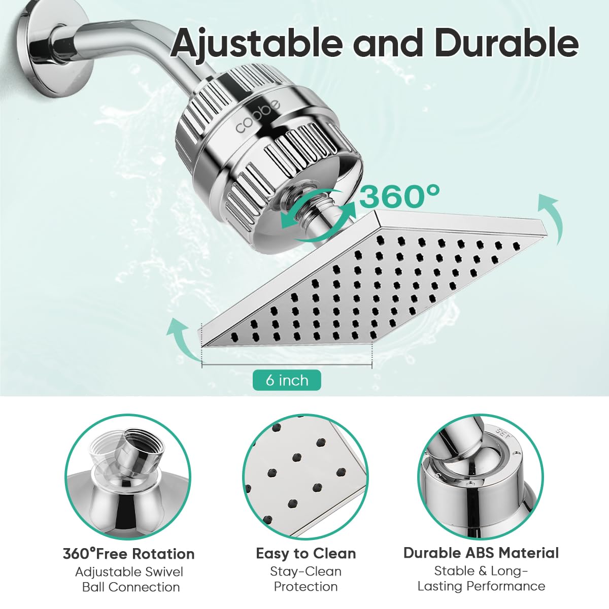 High Pressure Filtered Shower Head with Filters for Hard Water Combo (6" Square / Chrome)