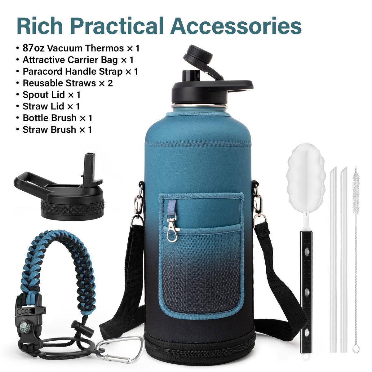 Insulated Water Bottle with Portable Carrier Bag for Outdoor 87 oz (Denim/Black / 87 Ounces)