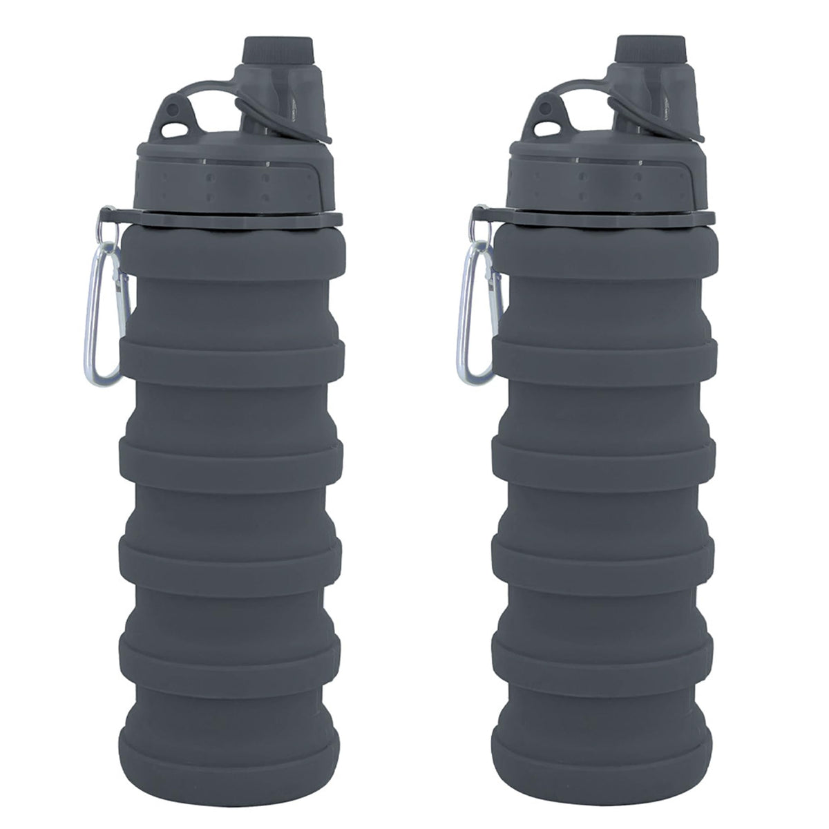 Collapsible Water Bottles Two Pack Travel Sports Portable Sport Water Bottle comes with mountaineering Buckle 500ml silicone Water (2 pack / Grey+Grey)