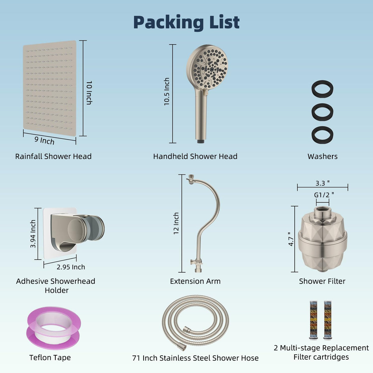 All Metal Dual Filtered Rainfall High Pressure 10'' Shower Head (Square 10'' with Filter / Brushed Nickel)
