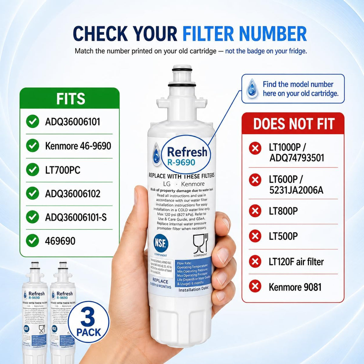 Refresh Refrigerator Water Filter Replacement for LG LT700P (4 Pack)
