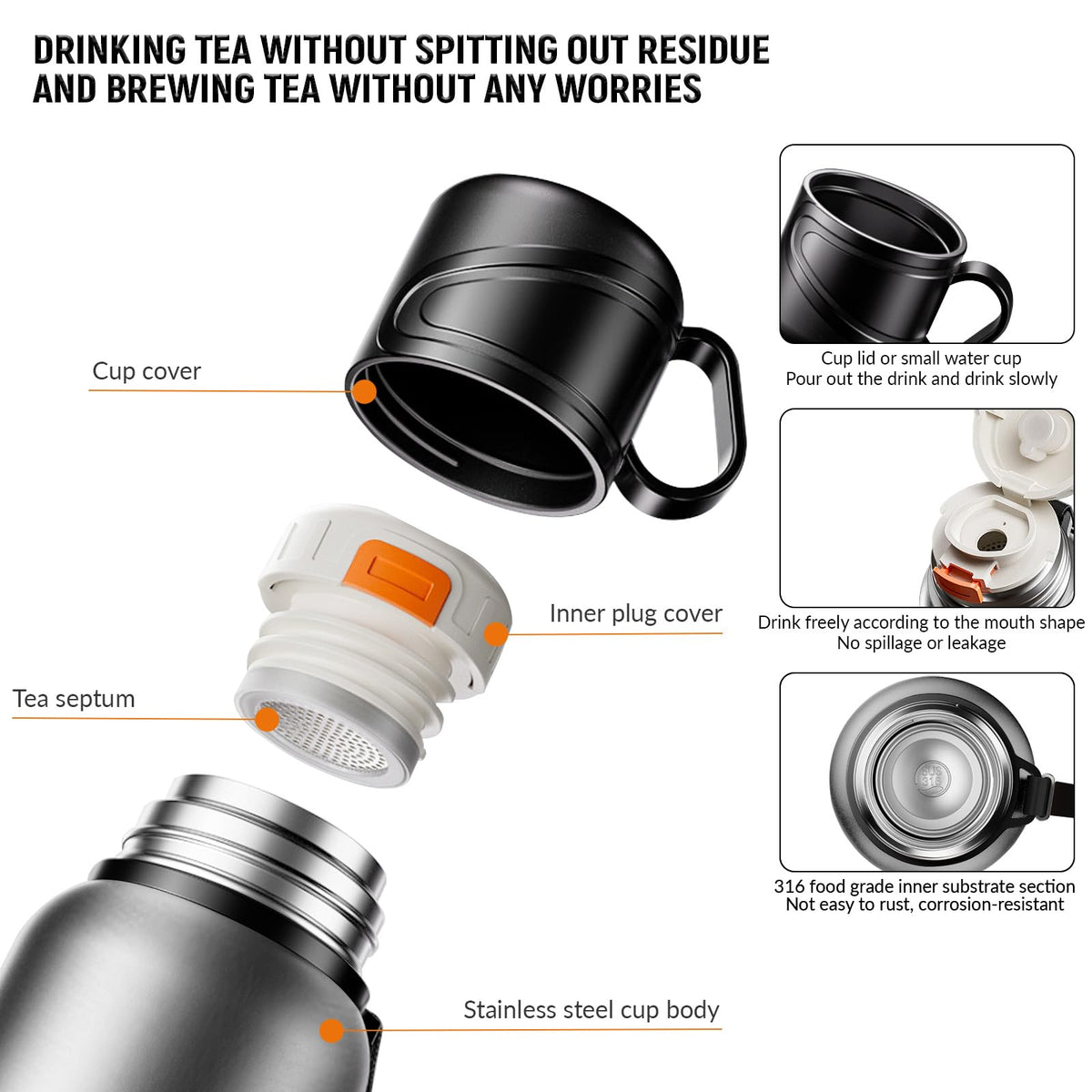 Double wall vacuum Leakproof stainless steel wide mouth insulated water bottle;tea tumbler with infuser (Silver-620ml)