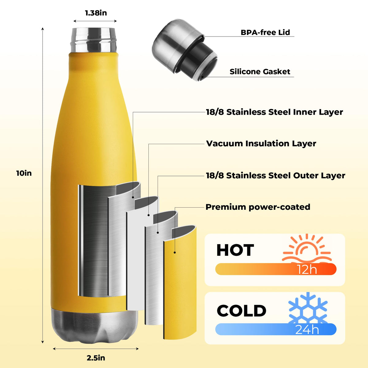 17oz Sport Water Bottle 12 Pack Vacuum Insulated Stainless Steel Leak (Yellow)