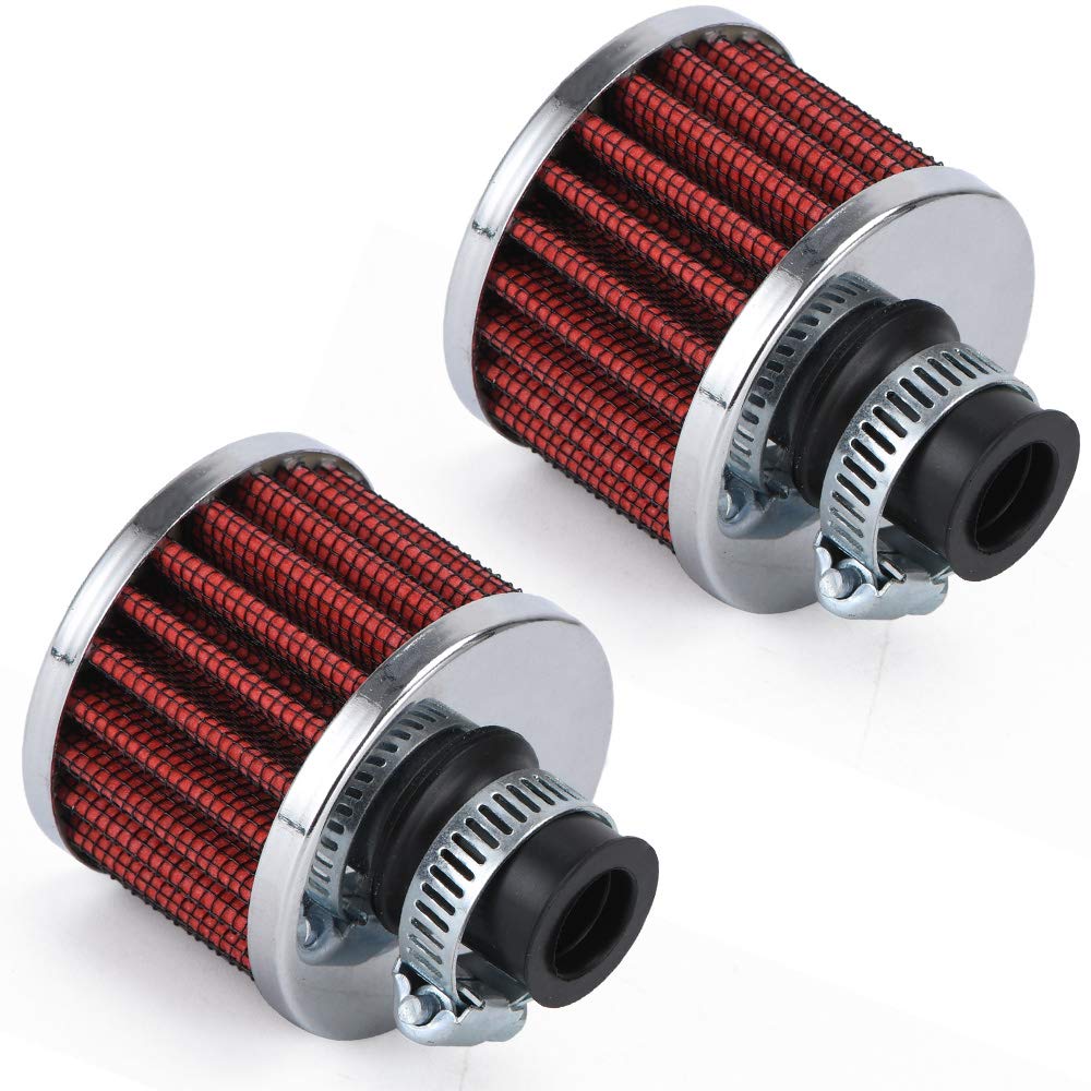 PTNHZ Universal 2 PCS 12mm Auto Cone Mini oil Air Intake Filter Crankcase Vent Valve Cover Breather Filter Flow Air Filters Red (12mm Red (2PCS))