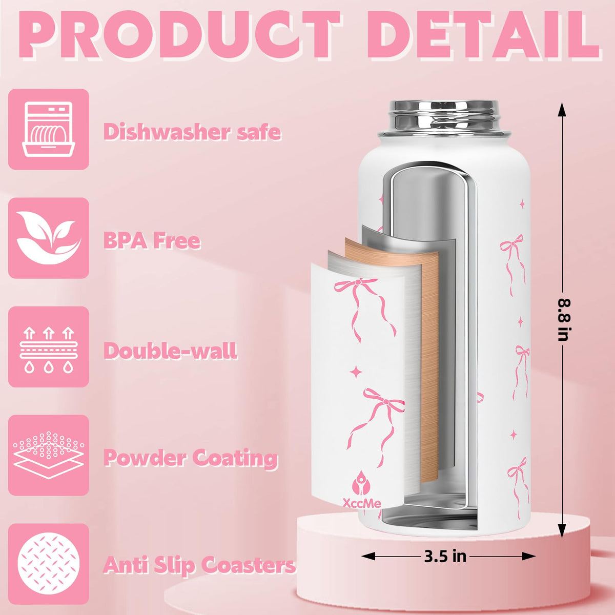 32oz Pink Bow Gift Insulated Water Bottle for Women with Straw (Pink Bow / 32 Ounces)