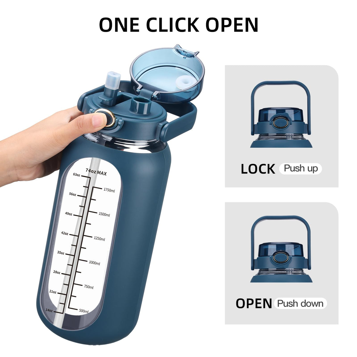 74 oz Glass Water Bolttles with Straw Large Motivational Water Bottle with Time Marker Sports Water Bottles with Silicone Sleeve and Handle Lid 2.2L Water Jug for Gym Workout (Dark Blue)