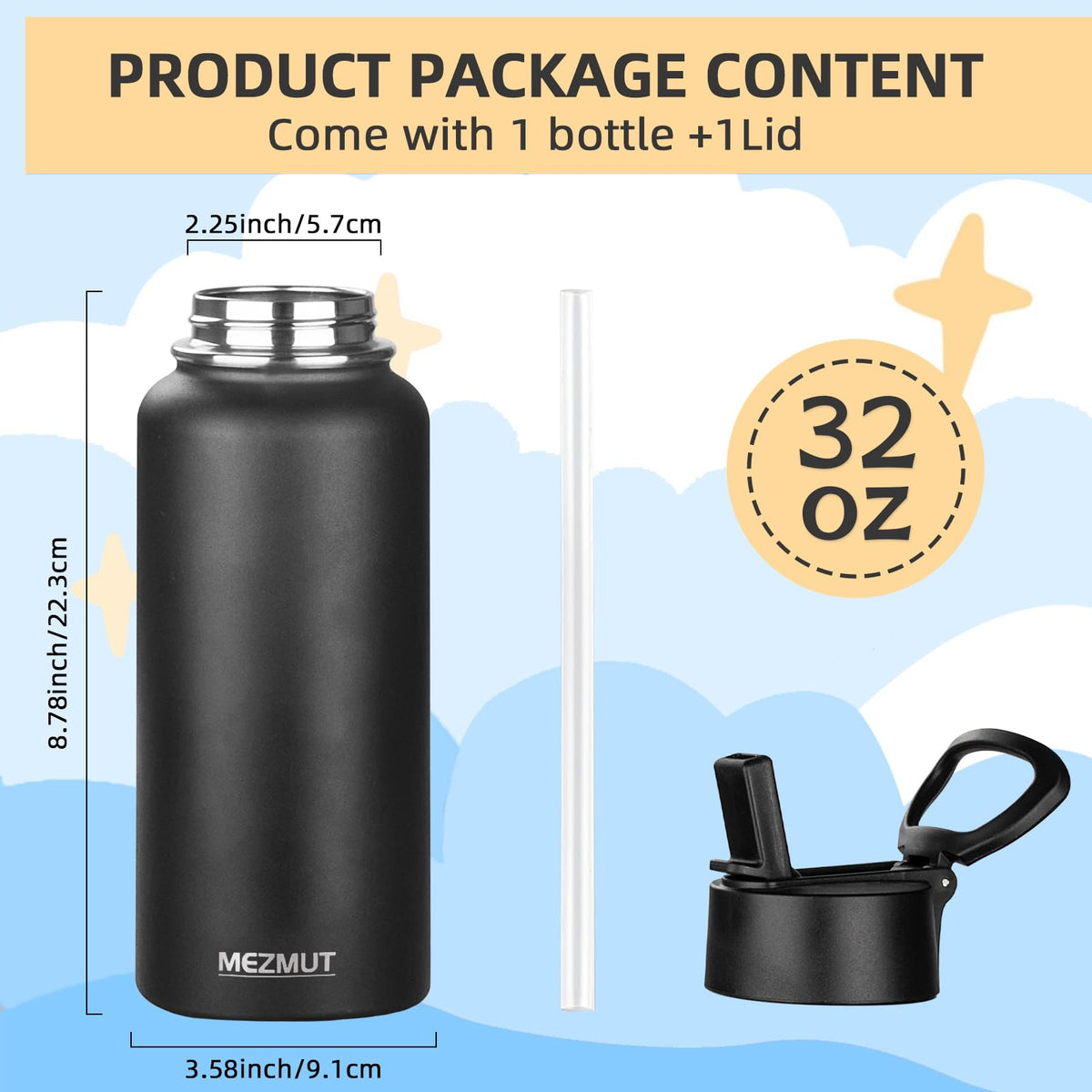 32oz Metal Sports Insulated Water Bottle with Straw Lid (Black-1 Lid)
