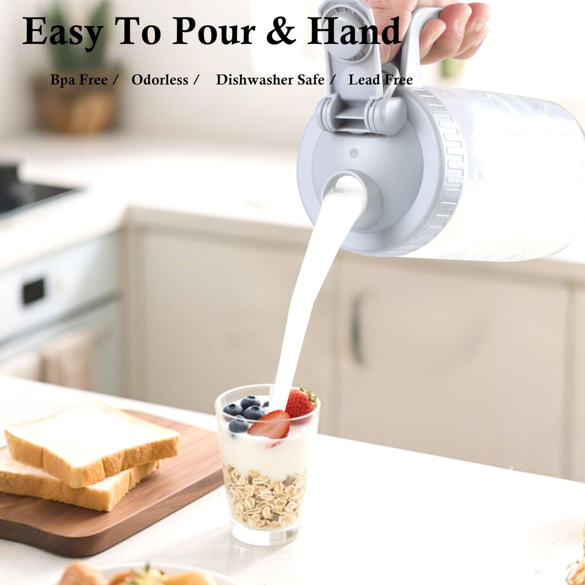 Mason Jar Pitcher With Pour Lid 32 Oz Glass Breast milk Storage Jug 1 Quart Wide Mouth Glass Tea Pitcher With Handle Creamer Container For Fridge Juice (Gray / 32 OZ 2PC)