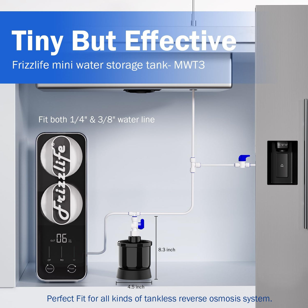 Pressure Mini Water Tank for All Tankless Reverse Osmosis System (MWT3 mini tank with fridge connect)
