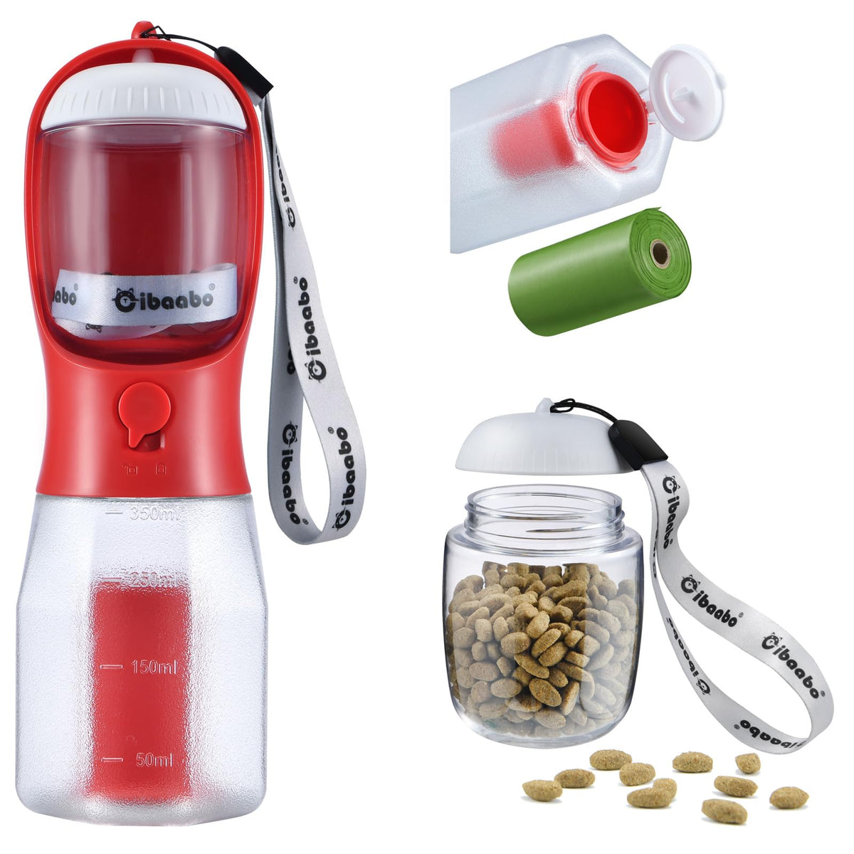 Dog Water Bottle with Food Container & Poop Bag Holder & Filter (#11 Red / 12oz)