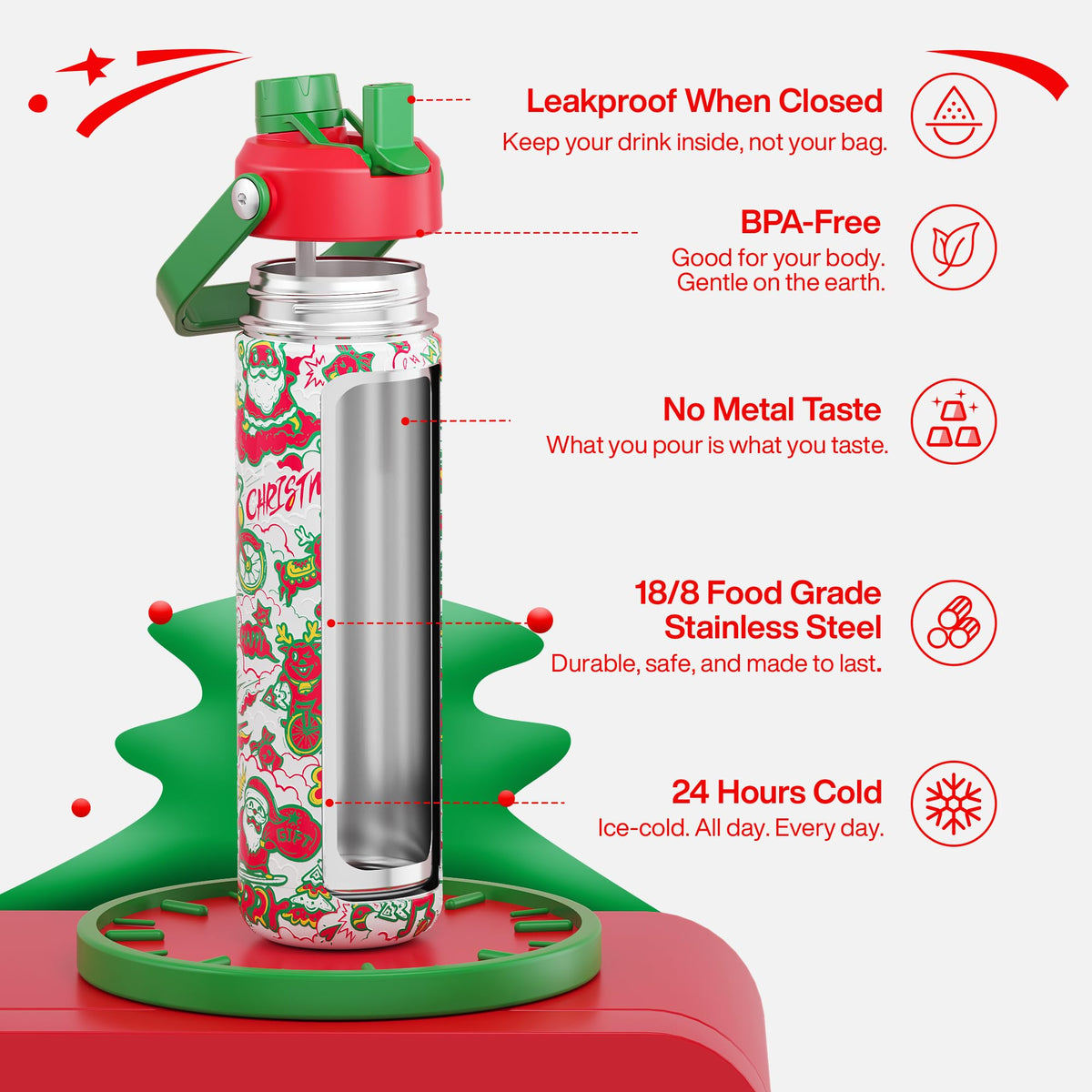 Christmas Insulated Water Bottle with Straw (26 Ounces / Santa Rider)