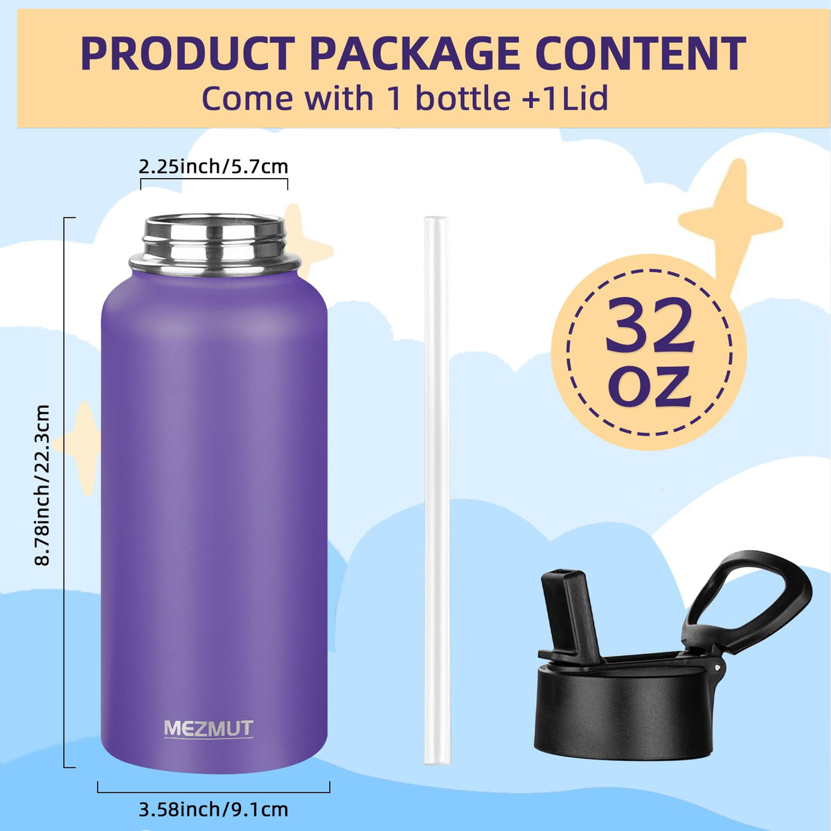 32oz Metal Sports Insulated Water Bottle with Straw Lid (Purple-1 Lid)