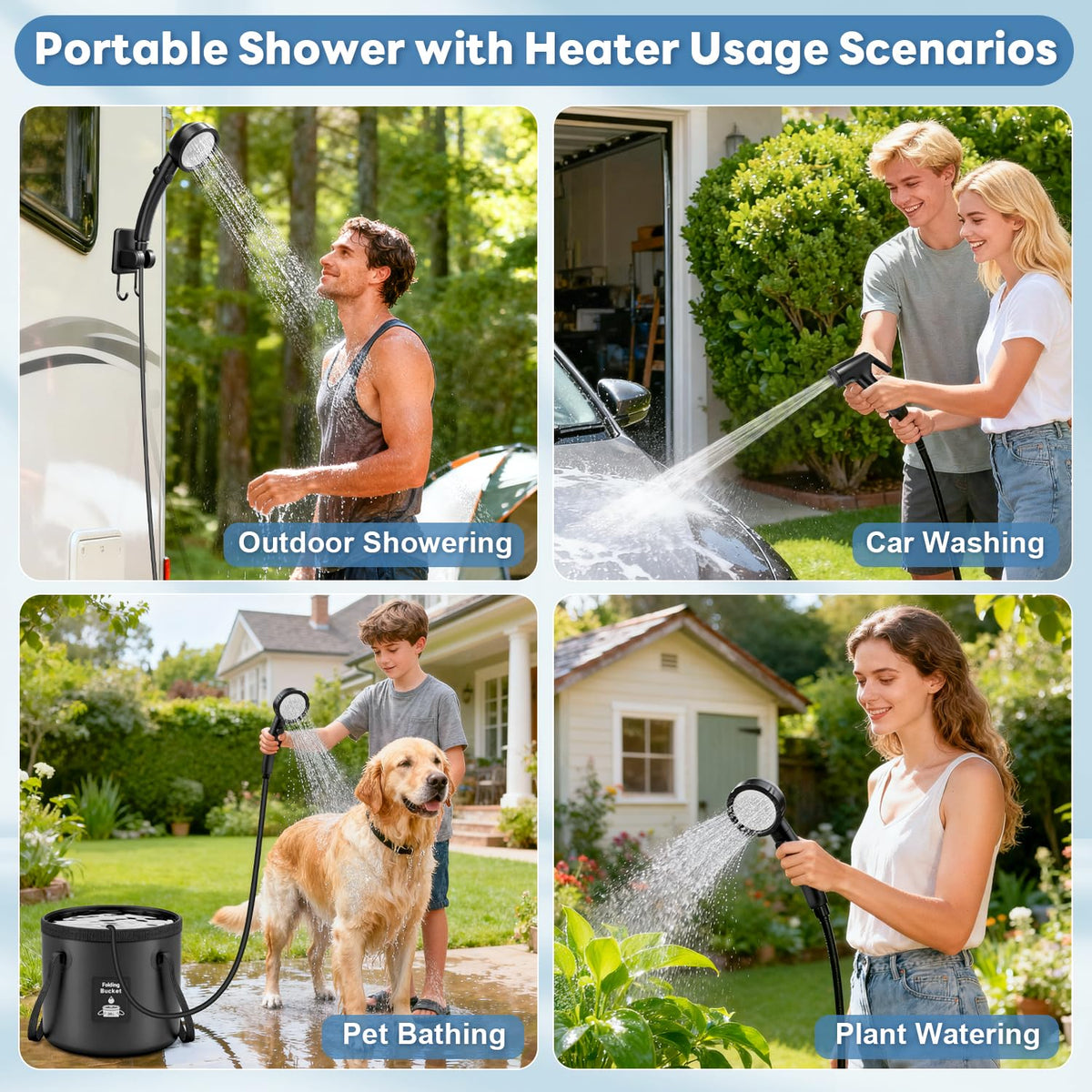Portable Shower with Heater 1500W Camping Water Heater with Shower Head 3 Spray Modes (Black)