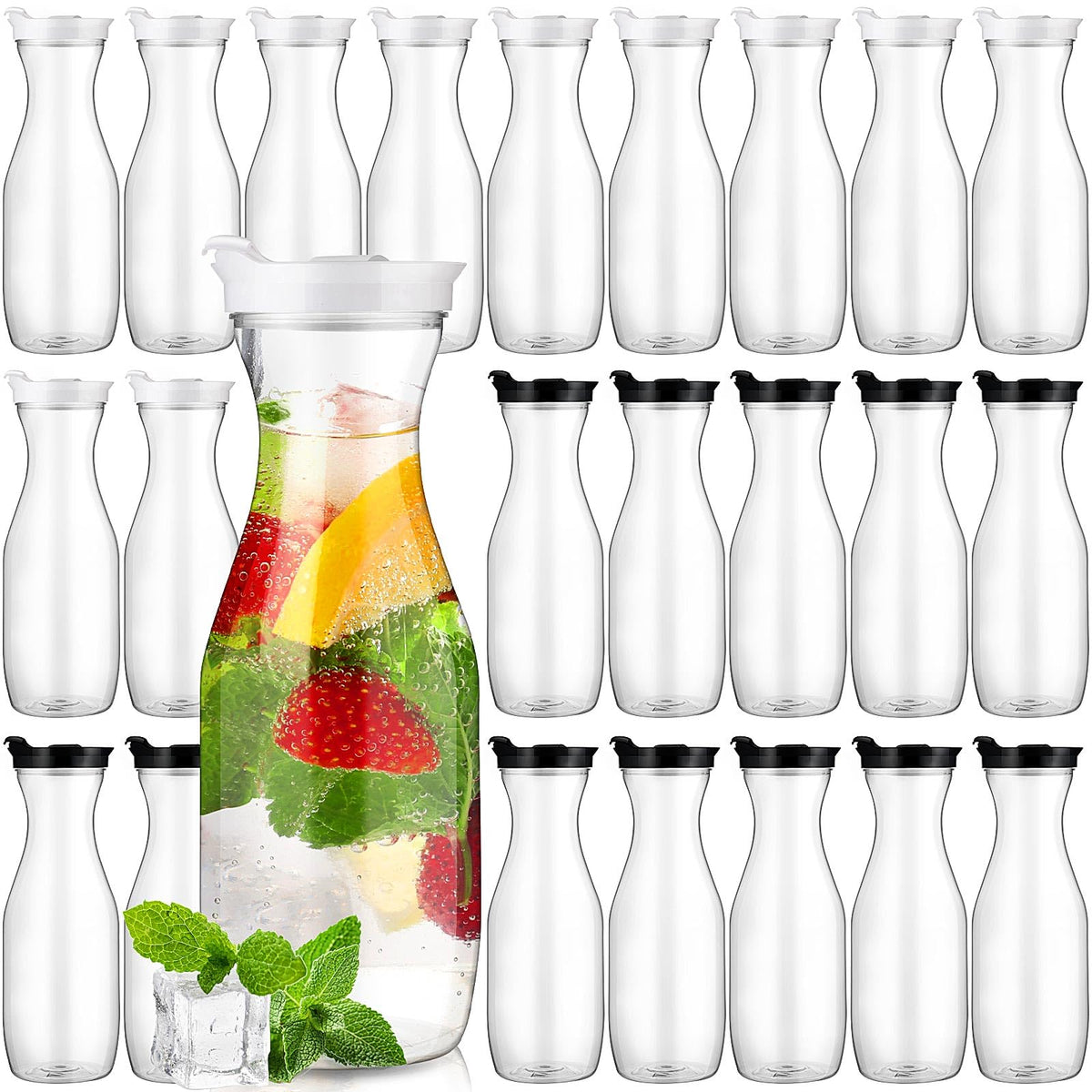 24 Pcs Plastic Water Carafe with Lid 32 Oz Clear (White, Black Cap)