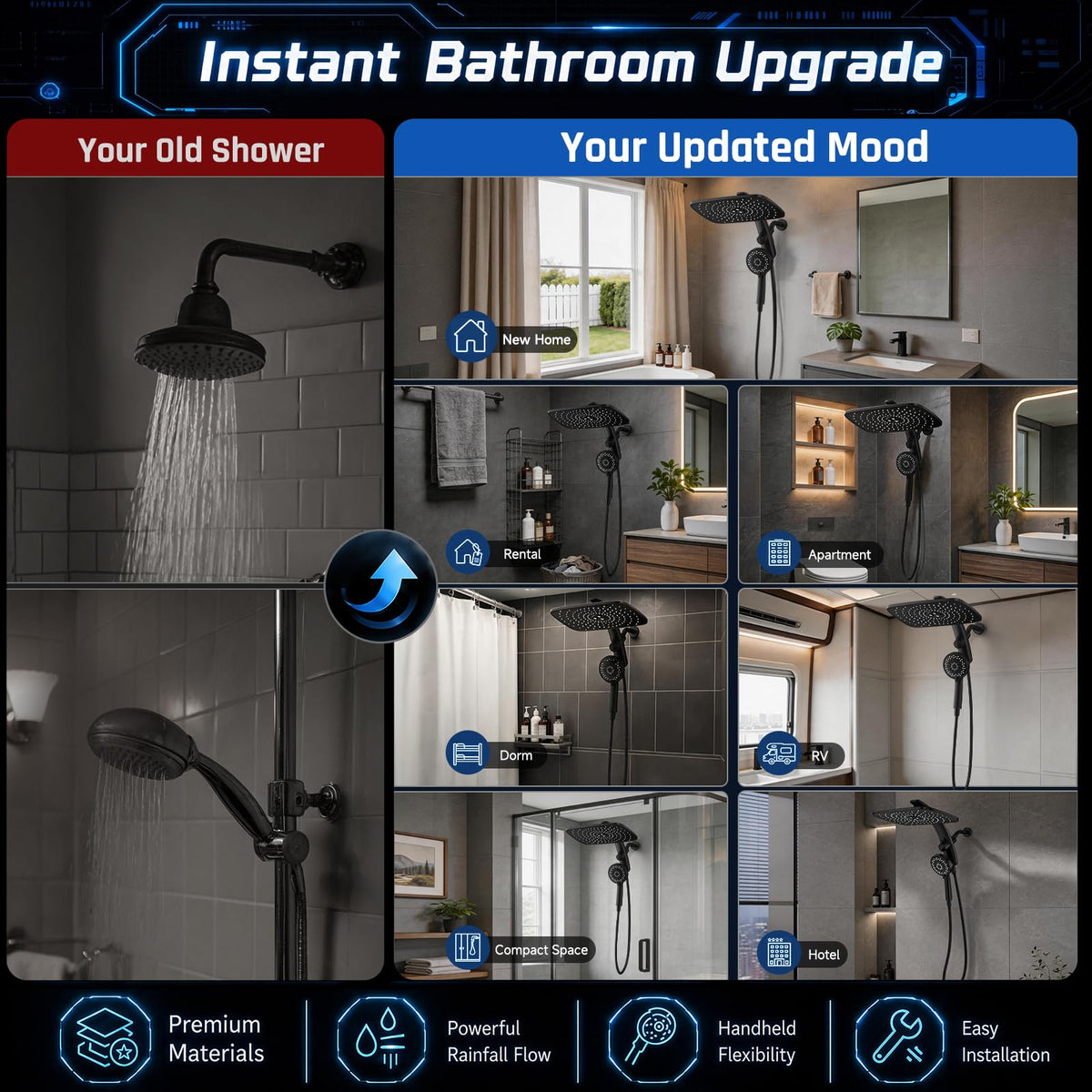 14" Luxurious Shower Head with Handheld (Matte Black / 14inch)