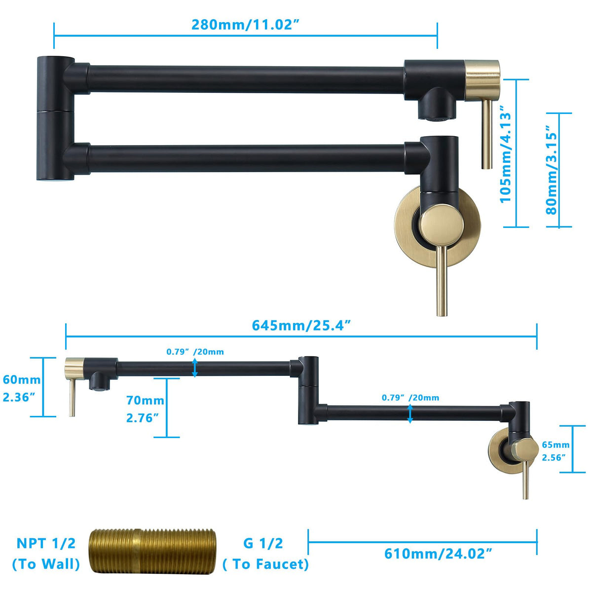 Brass Pot Filler Faucet Wall Mount (Black and Gold)