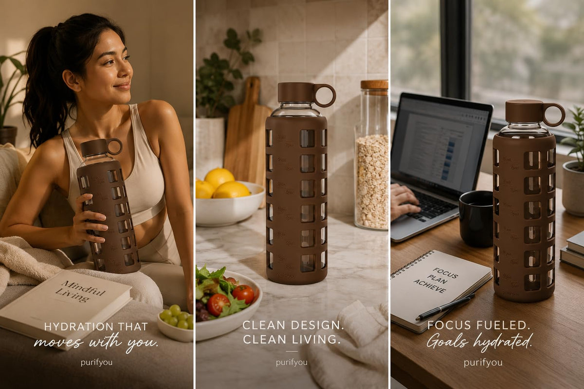 40oz / 32oz / 22oz / 12oz Borosilicate Glass Water Bottle with Time & Volume Markers, Silicone Sleeve, Stainless Steel Lid | Reusable Glass Bottle for Water & Juice (Earth Brown (1 Count) / 40 Ounces)