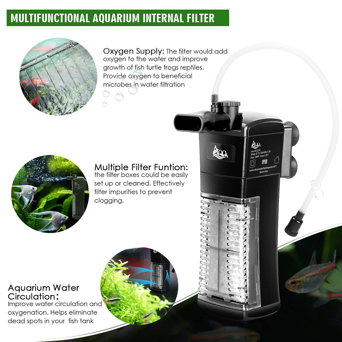 Aquarium Internal Filter Submersible Power Filter in (30-60 Gallon, 120 GPH)