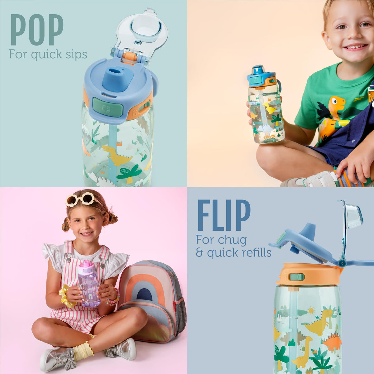 Kids Pop & Fill 16oz Tritan Plastic Water Bottle with Quick Fill Technology (Dino)