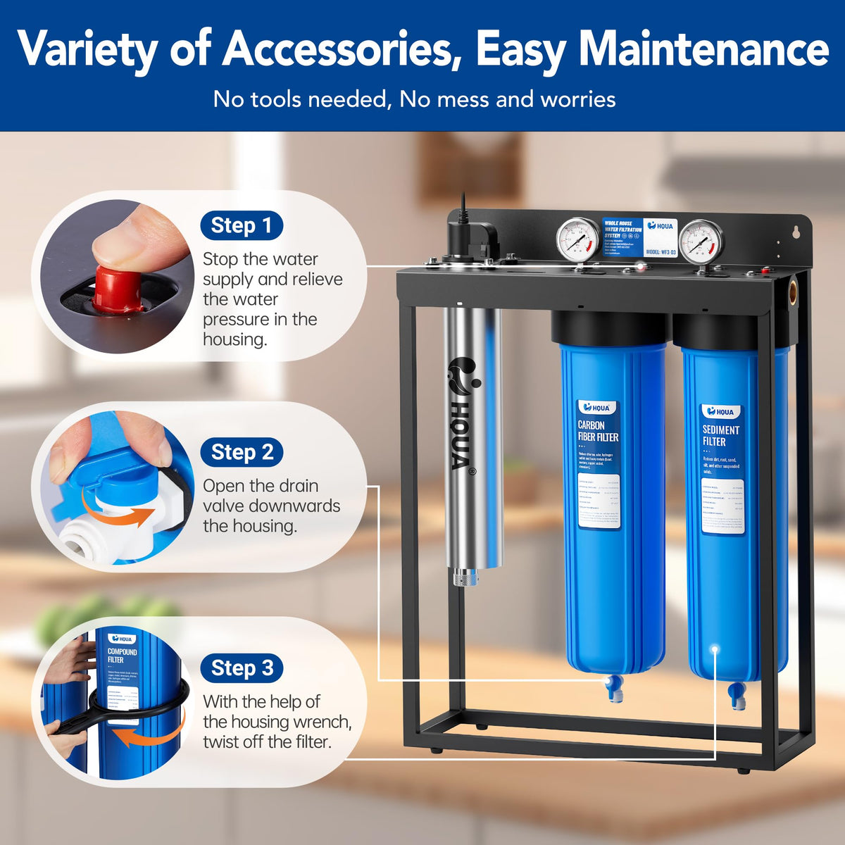WF3-03 3-Stage Free-Standing Whole House Water Filtration System, UV Filter Included, Reduces Heavy Metals (Lead, Mercury, Arsenic, Cadimum, Chromium), PFAS, Chlorine, Sediment, Odor, and VOC’s