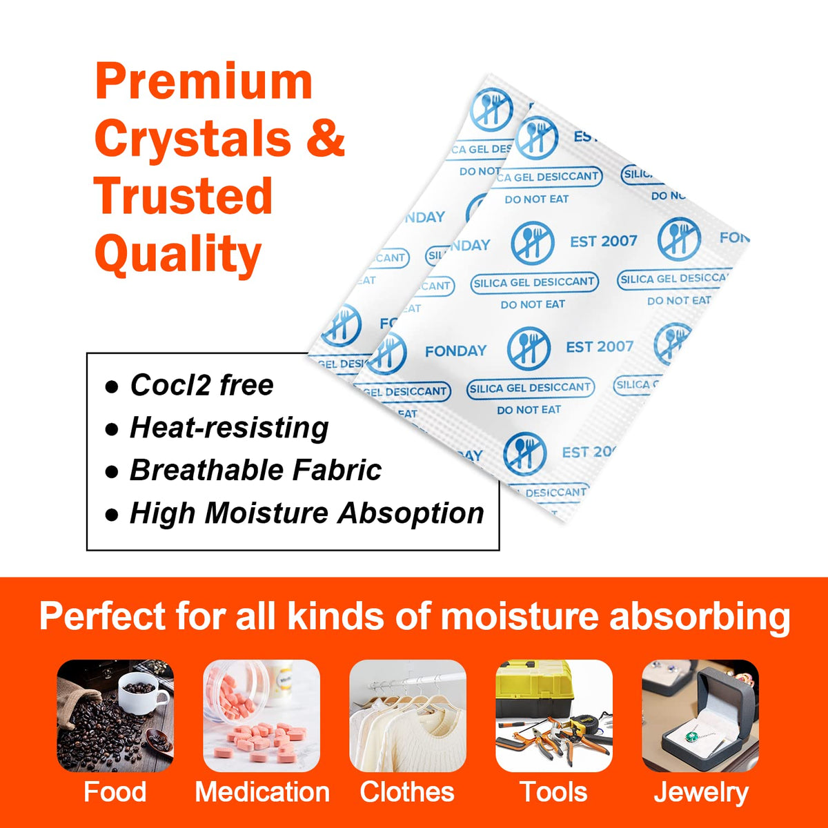 1 Gram 100 Packets Fonday Food Grade Silica Gel Desiccant Packs (1 Gram)