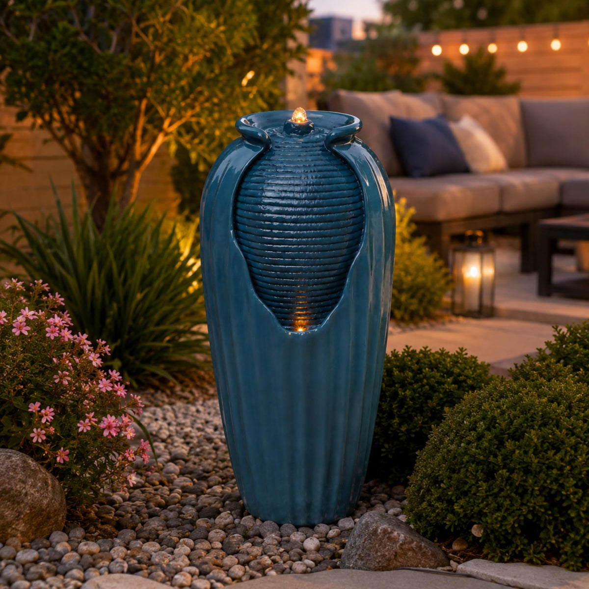 32 in. Outdoor Contemporary Glazed Contoured Vase Water Fountain with LED Lights to Create a Calming Oasis in Gardens and Landscaping (Blue)