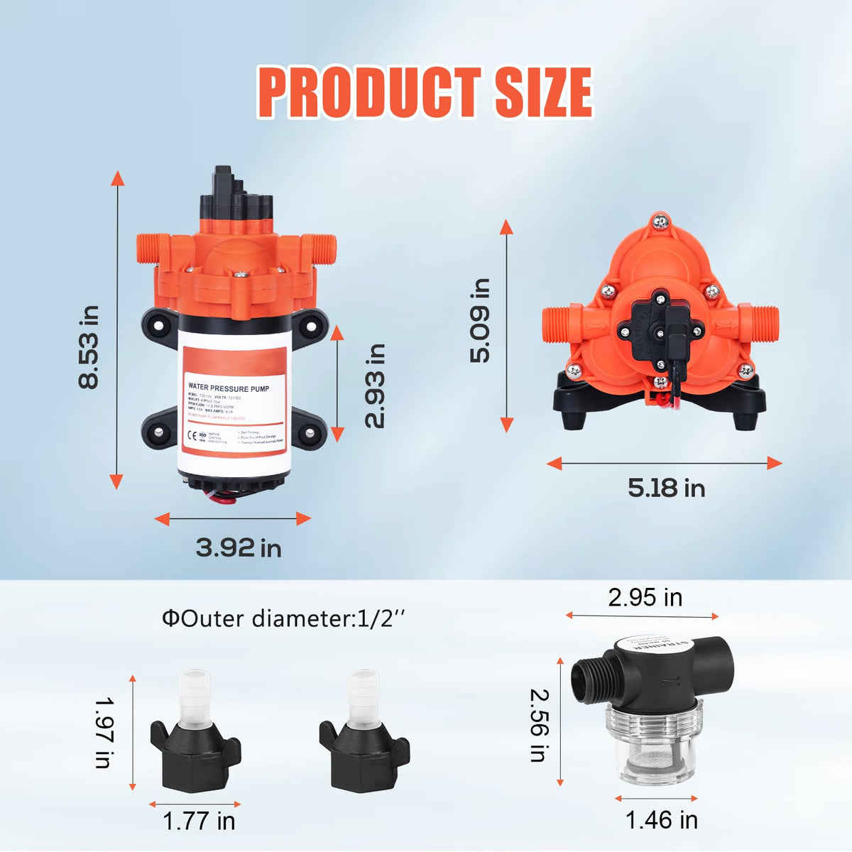DC 12V RV Water Pump 3.5GPM 45PSI (Orange-1)
