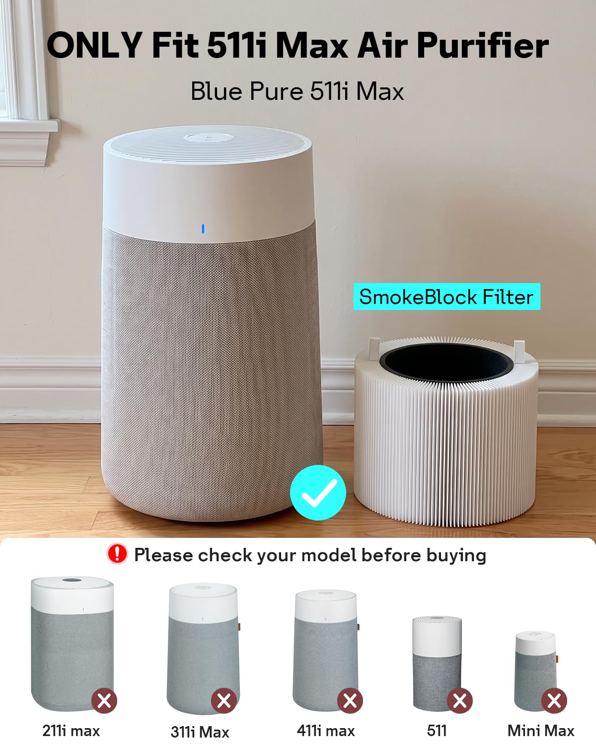F5MAX SmokeBlock Filter Replacement for Blueair Blue Pure 511i Max (Light White / 2 Pack)