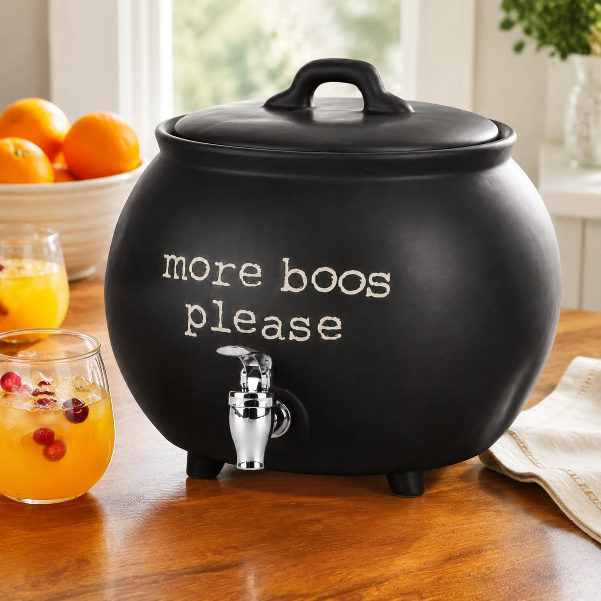 Black Ceramic Cauldron Beverage Dispenser & Candy Bowl With Easy Flow Spigot & Lid (Black)