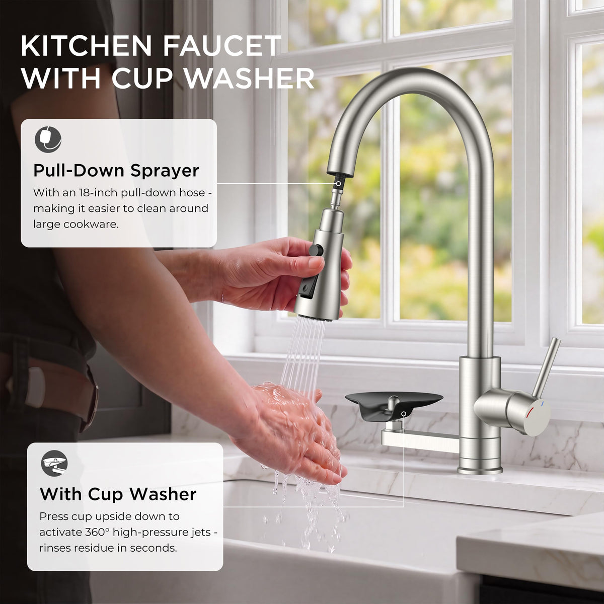 Kitchen Faucet with Cup Washer (Stainless Steel)