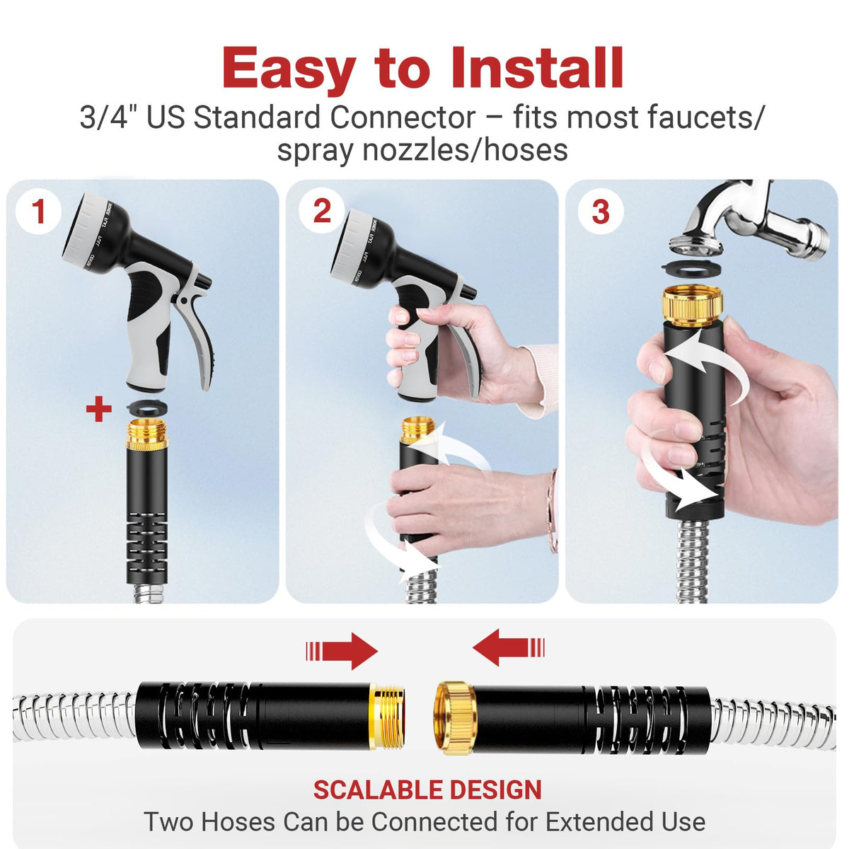 125ft Stainless Steel Garden Hose (Gray / 125FT)