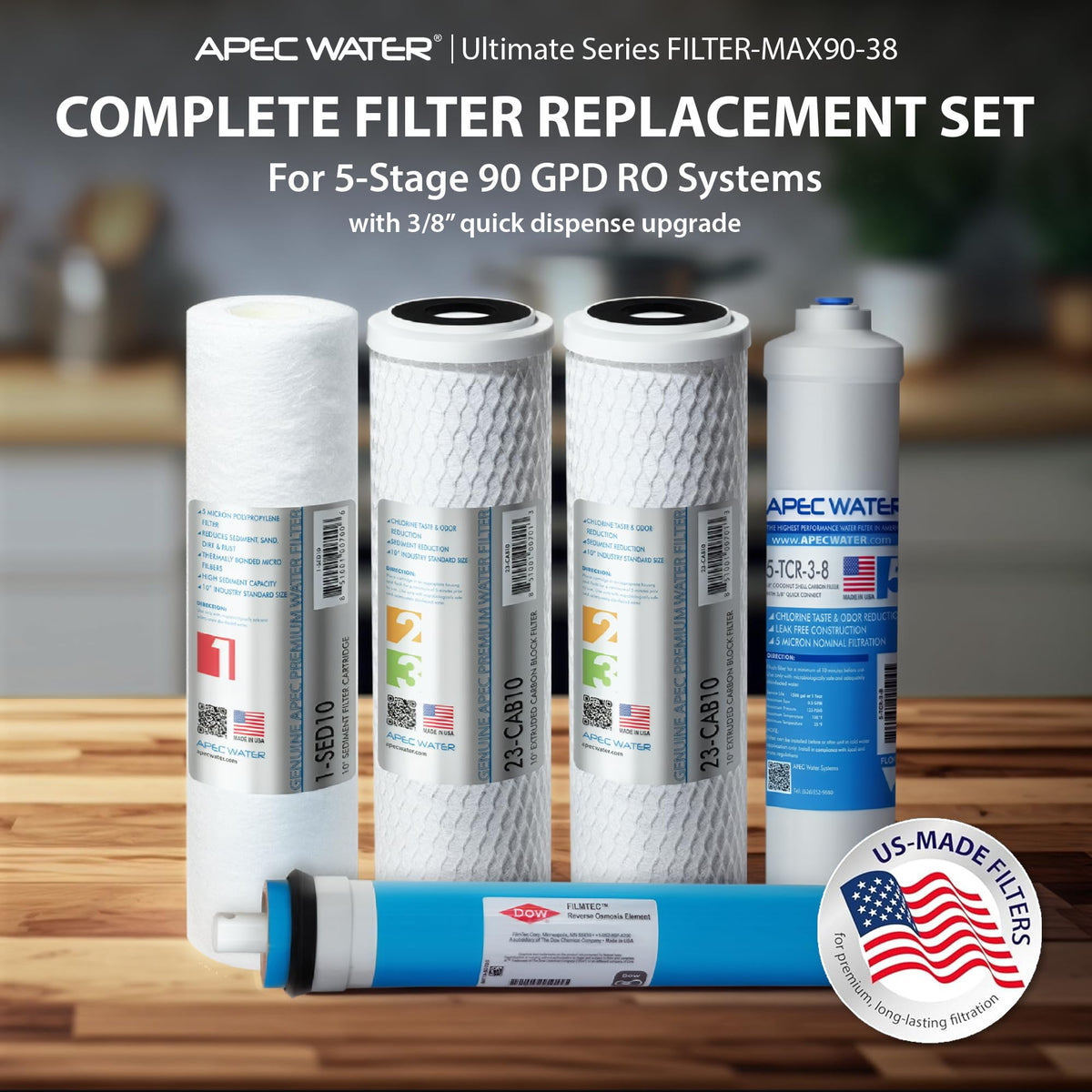 FILTER-MAX90-38, RO Replacement Filter Set, US Made, 90 GPD (Complete Filter Set + 3/8" output)