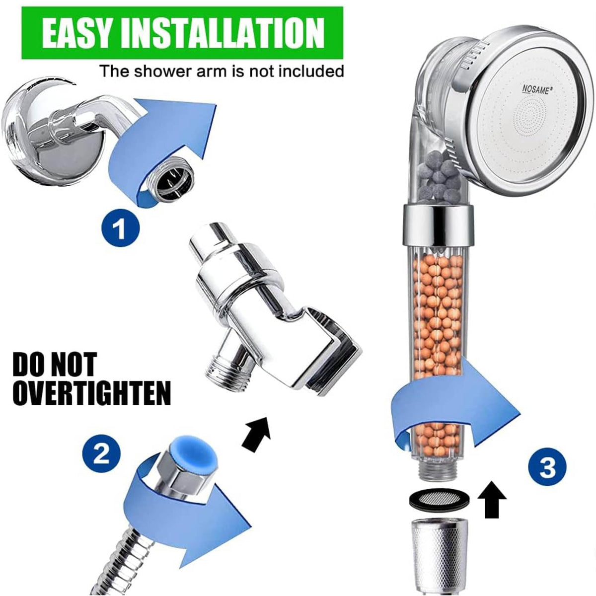 Shower Head Filter Filtration High Pressure Water Saving 3 Mode Function Spray Handheld Showerheads 1.6 GPM for Hair & Skin (Clear Shower Head + Hose + Bracket)