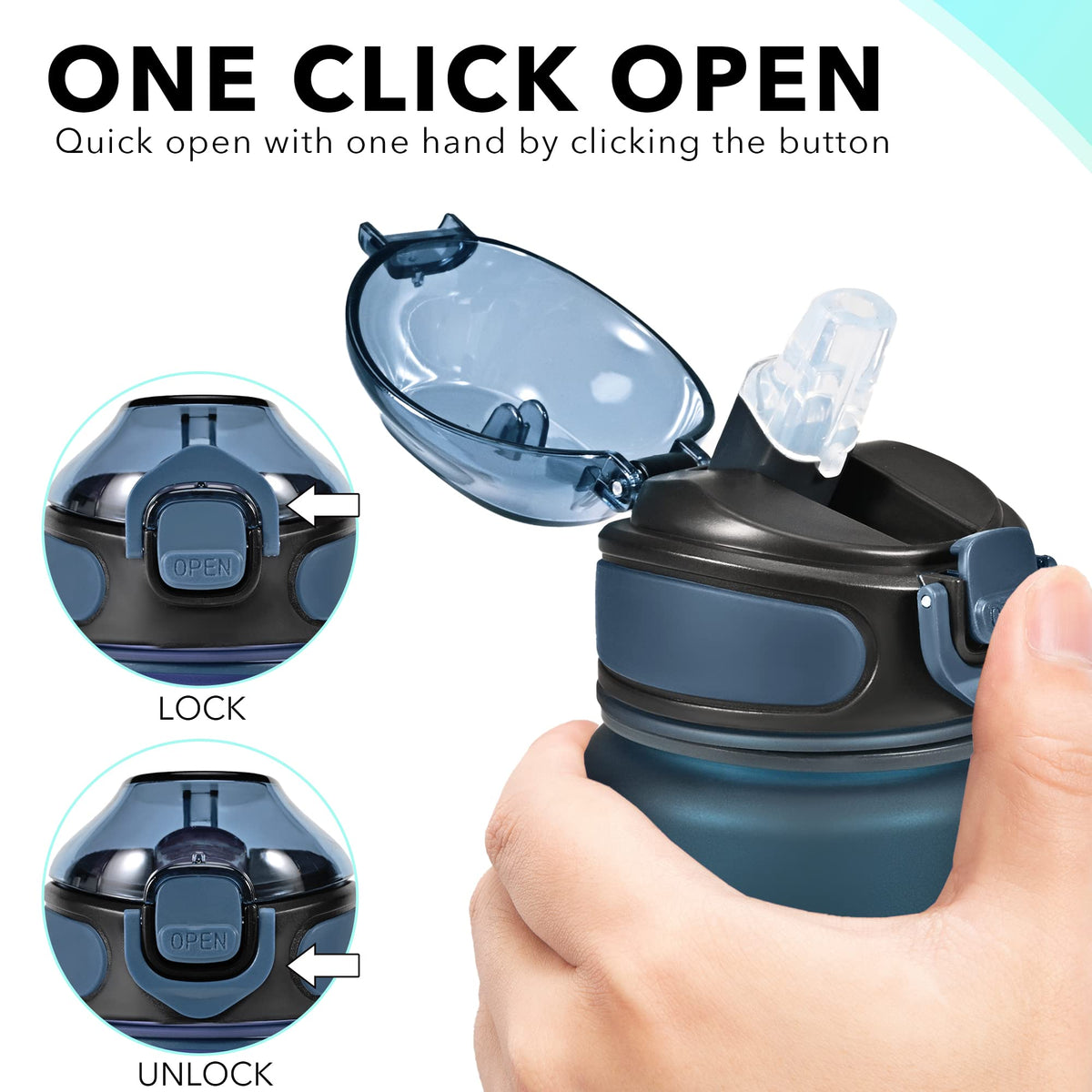 32 oz Drinking Water Bottle with Times to Drink and Straw (Navy Blue Green)