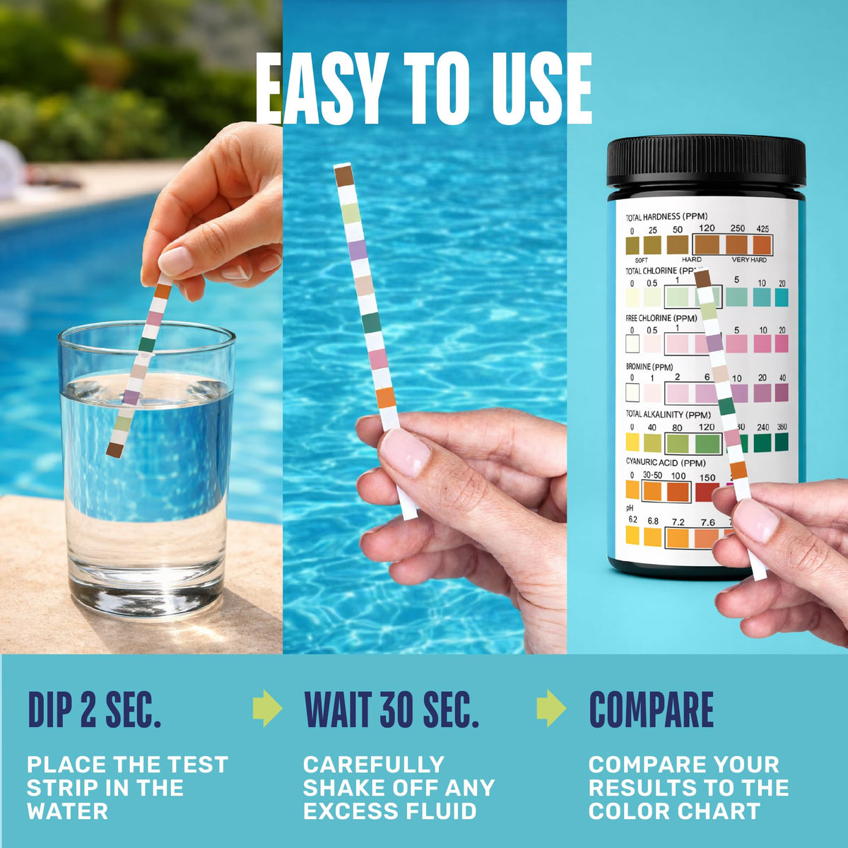Pool Test Strips for Pools and Spas (150 STRIPS - 7 IN 1 POOL TEST STRIPS)