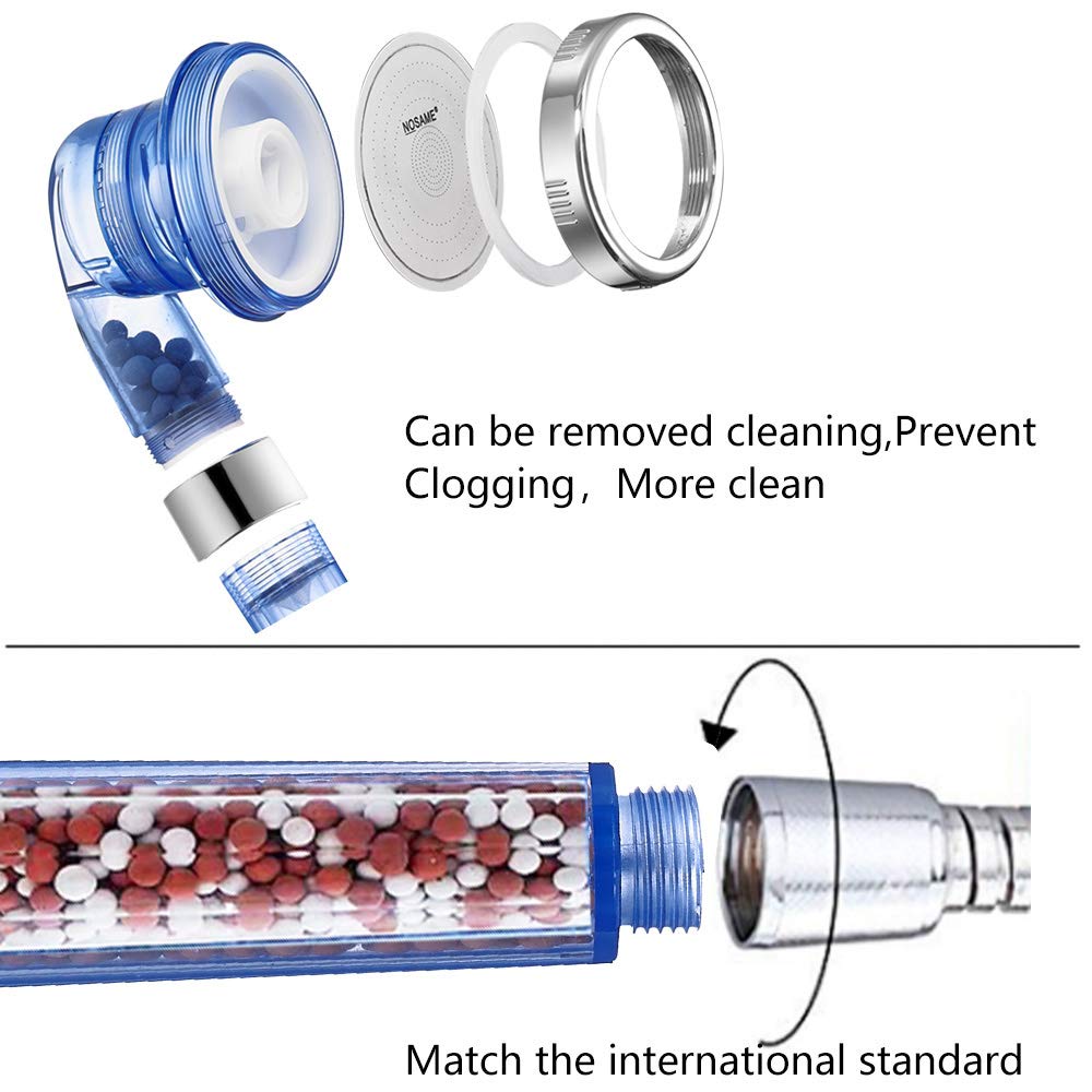 Shower Head Filter Filtration High Pressure Water Saving 3 Mode Function Spray Handheld Showerheads 1.6 GPM for Dry Hair & Skin SPA (Clear blue)