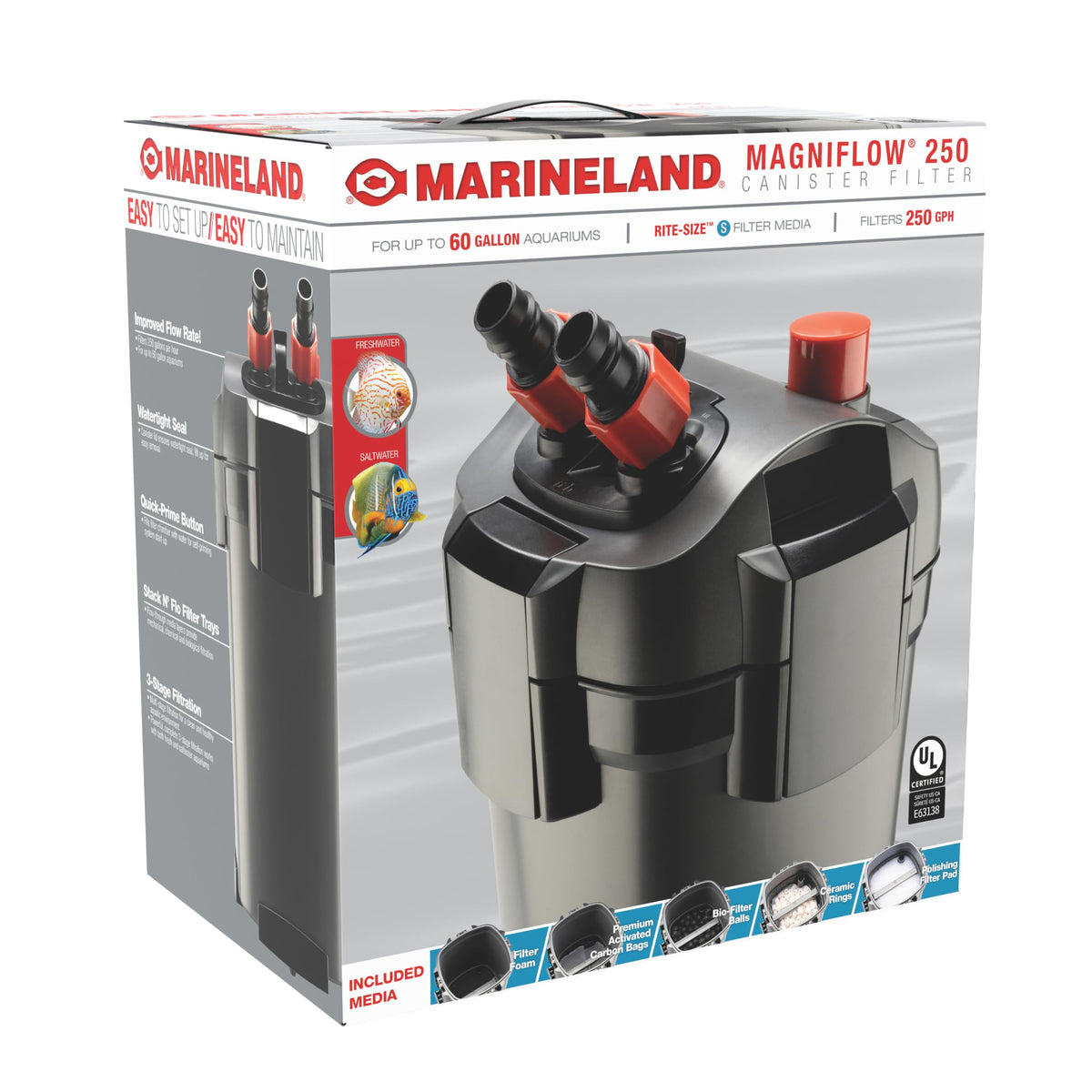 Magniflow 250 GPH Canister Aquarium Filter (Up to 55-Gallons)