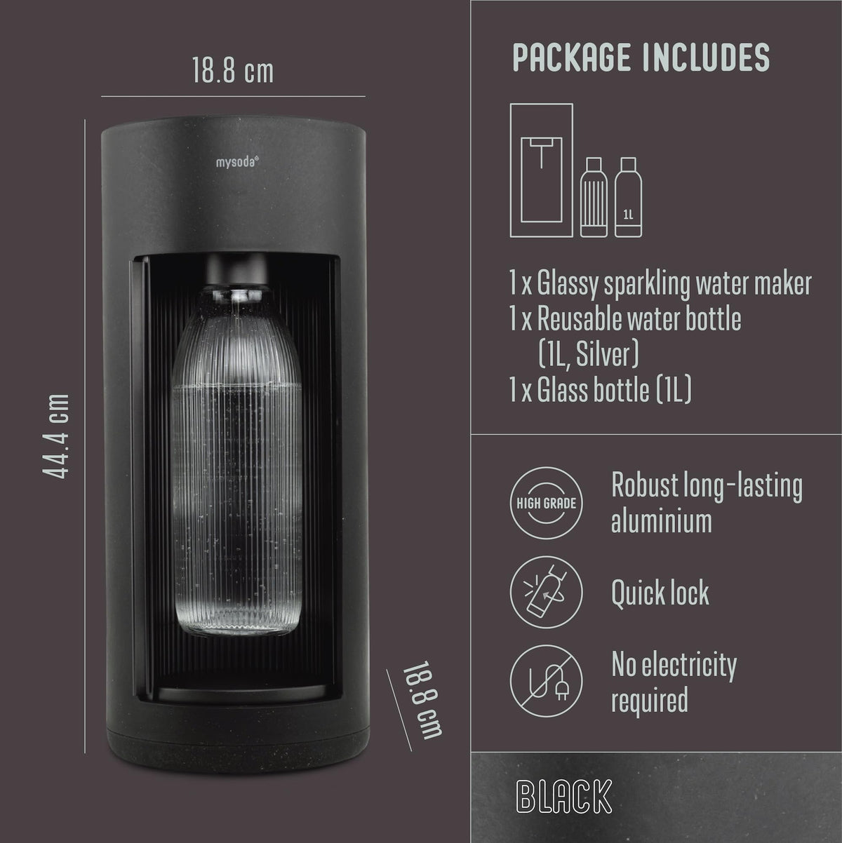 Glassy Soda Maker + 1L Glass and 1L Plastic Bottle (Black)