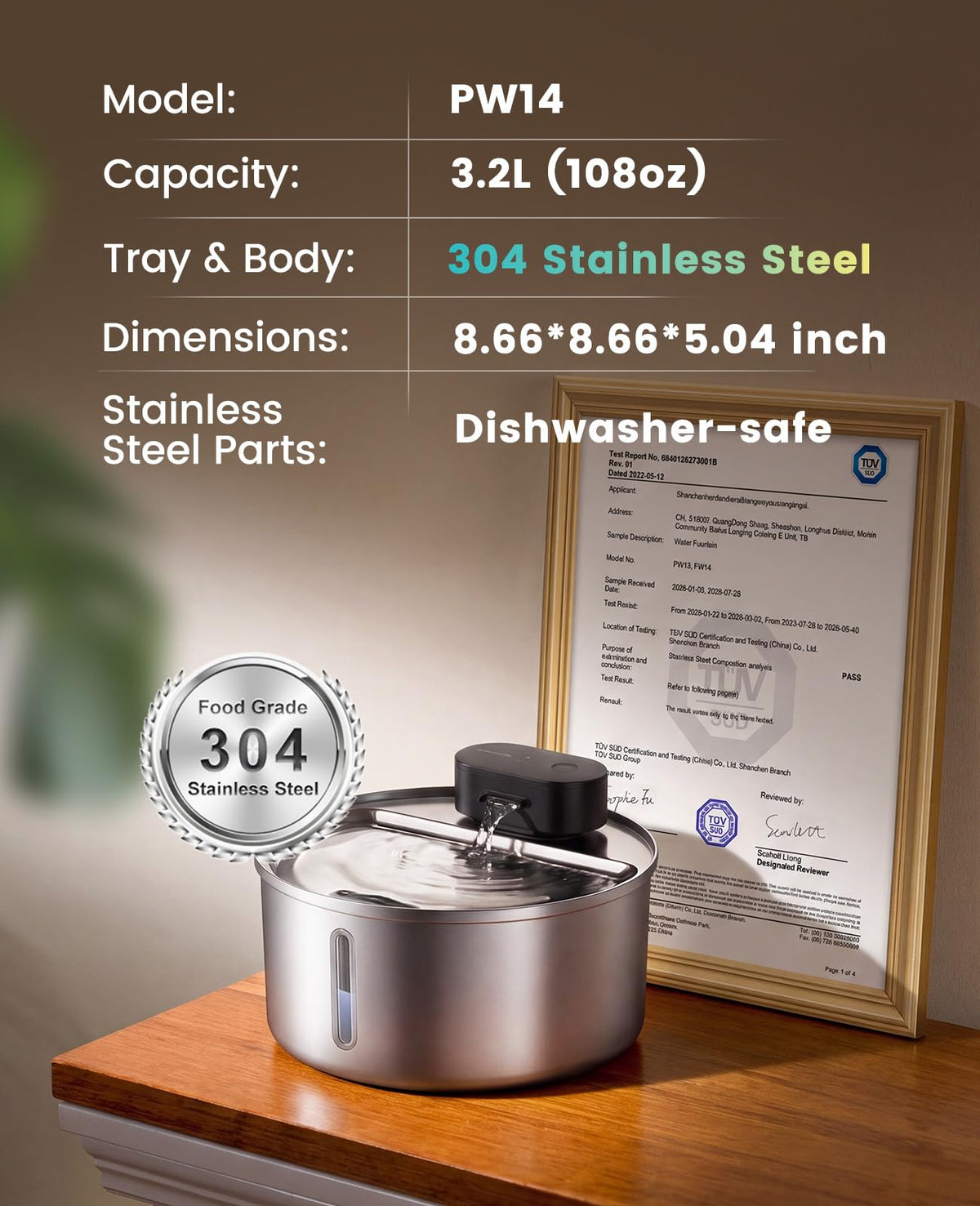 108oz 3.2L Wireless Stainless Steel Cat Water Fountain