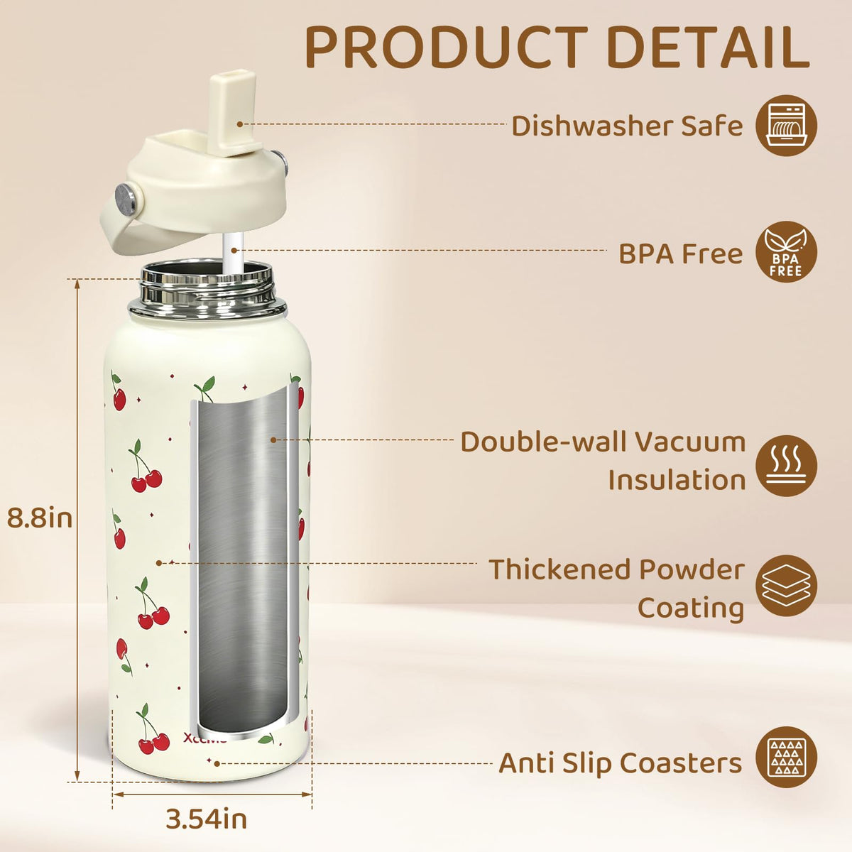 32oz Cherry Gift Insulated Water Bottle for Women with Straw (Cherry / 32 Ounces)
