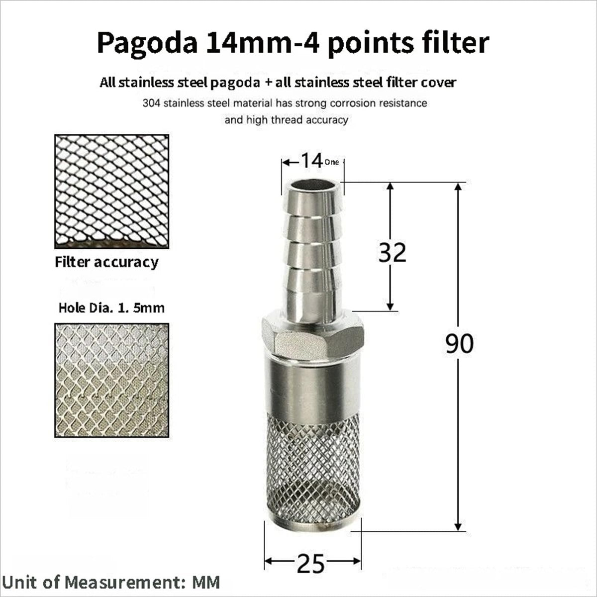 304 Stainless Steel Water Pump Filter Hose End Strainer Barbed Inline Mesh Screen (14mm 1/2 Inch)