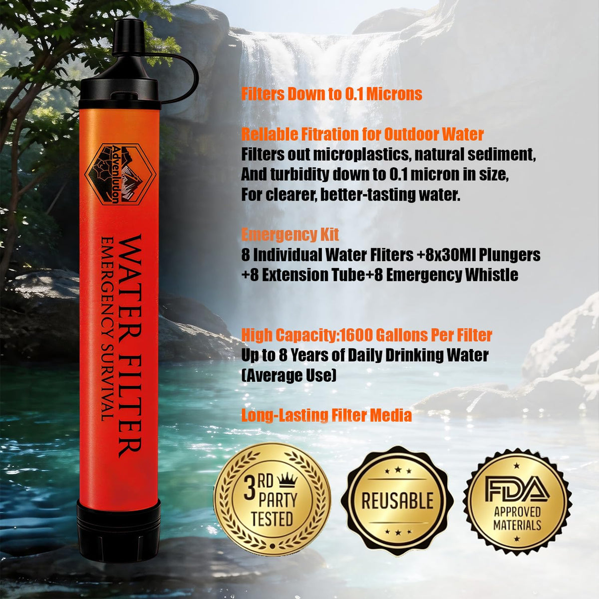 8 Pack Water Filter Straw Survival Kit with Emergency Whistle (8-Pack(Orange) / 8-Pack)