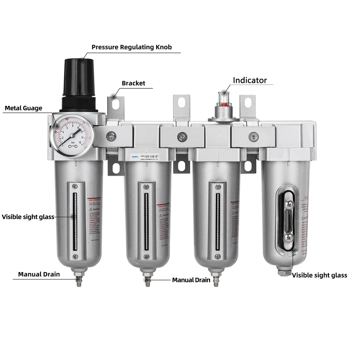 3 4" NPT Air Compressor Filter Dryer Regulator (3/4" NPT, Munual Drain / 4 Stage(+Filter))
