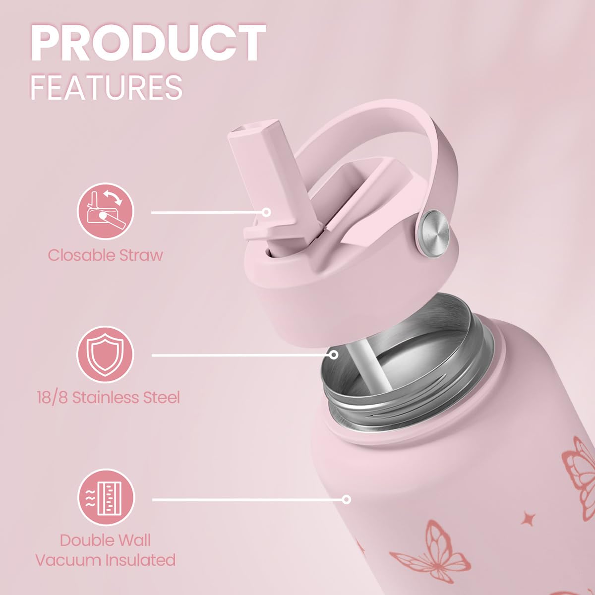 Butterfly Water Bottle Insulated Vacuum Stainless Steel 32oz with Lid (Butterfly)