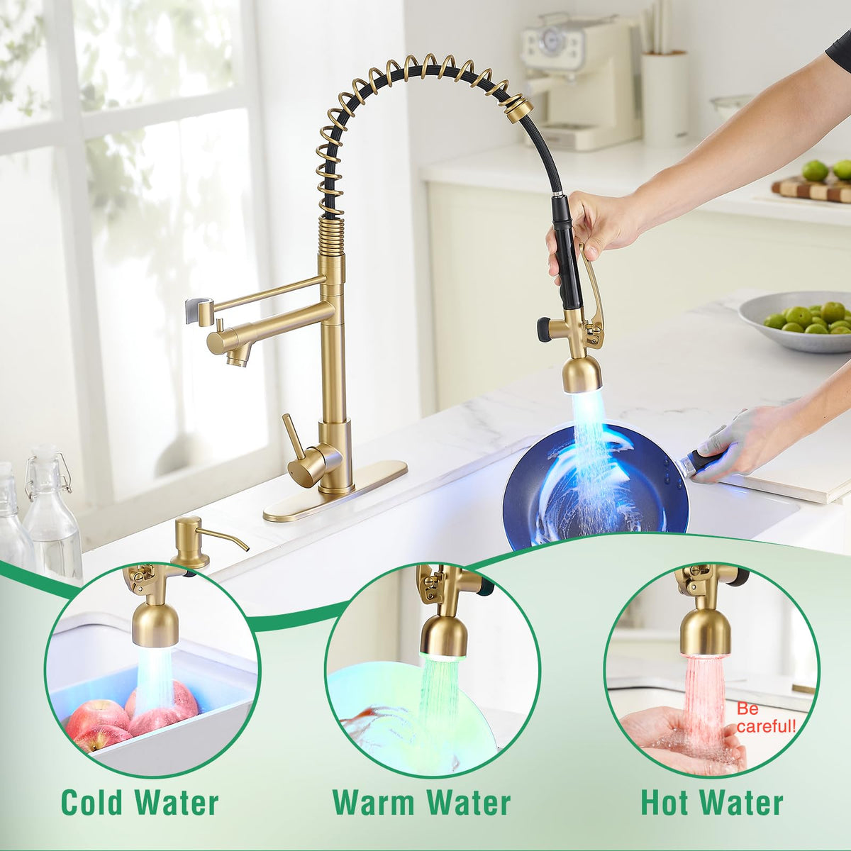 Commercial Kitchen Faucets with Pull Down Sprayer Brushed Gold LED (Gold Brushed)