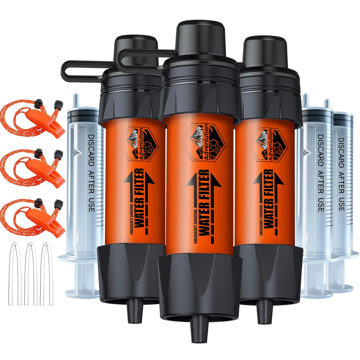 3 Pack Water Filter Straw with Survival Whistle Kit (3-Pack Orange Upgraded / 3-Pack)