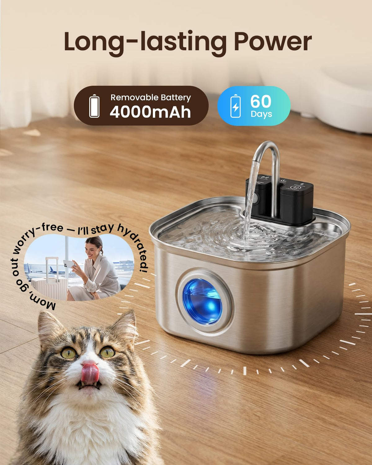 3.2L 108oz Cordless Cat Water Fountain Stainless Steel